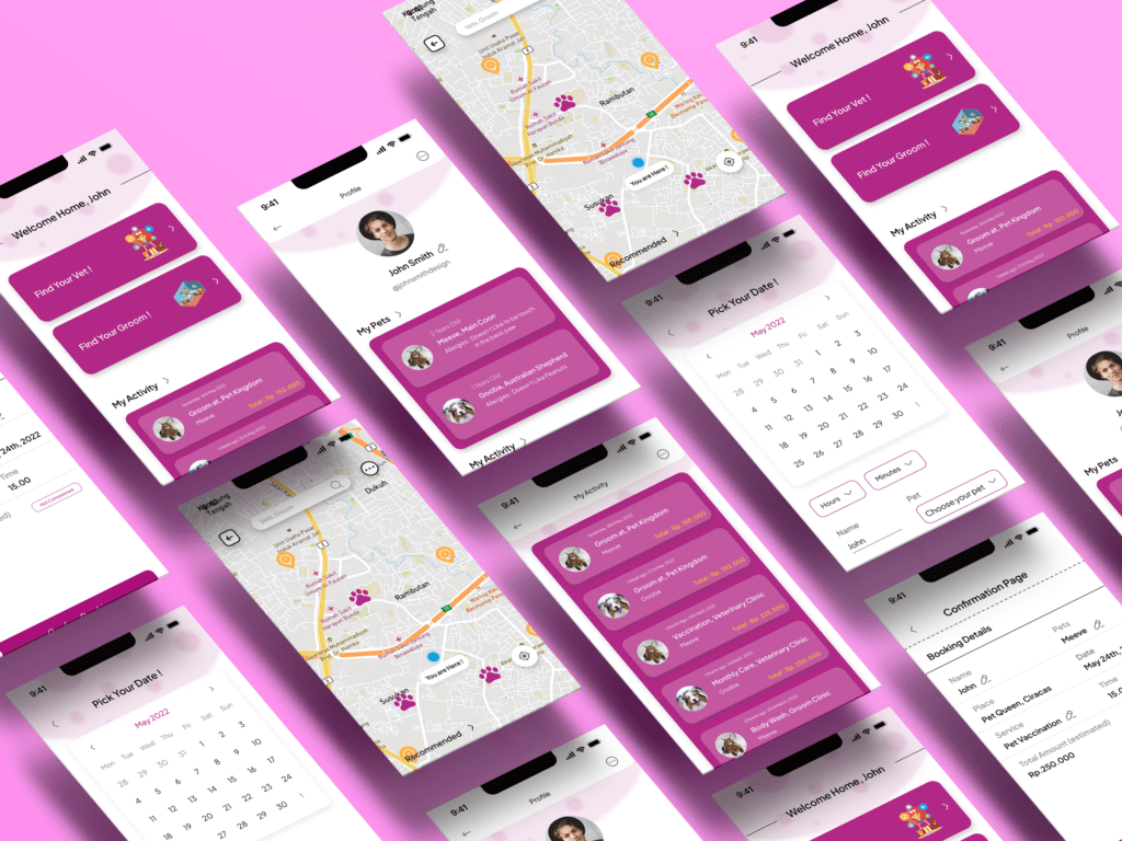 Mockup of Vetsy in Isometric style with pink background, UI/UX Designer, Vetsy, Pet Care App